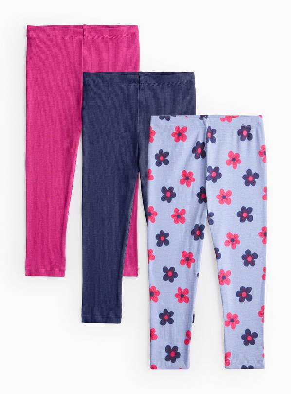 Floral & Plain Ribbed Leggings 3 Pack 3-4 years